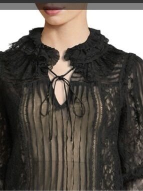 Sheer Black Lace Tie-Neck Women's Top